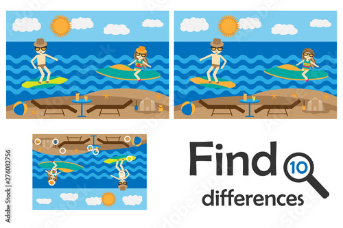 Find 10 differences, game for children, summer beach with people cartoon style, education game for kids, preschool worksheet activity, task for the development of logical thinking, vector illustration