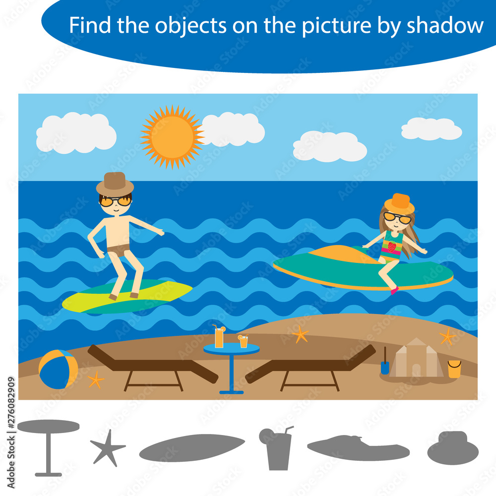 Naklejka premium Find the objects by shadow, game with summer beach for children in cartoon, education game for kids, preschool worksheet activity, task for the development of logical thinking, vector illustration