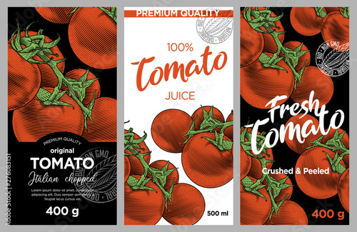 Tomato ketchup, sauce, juice badge label design set. Vector hand drawn illustration of ripe tomatoes in engraving technique. Stylish vintage templates for tomato sauce packaging. 