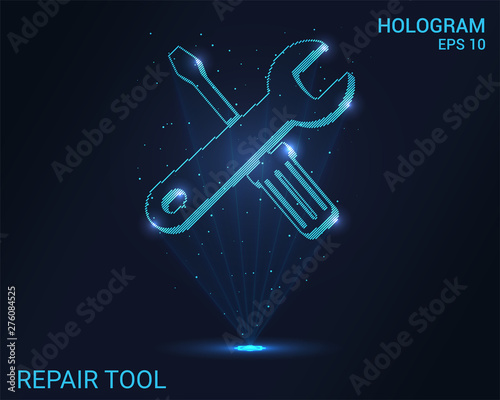 Hologram repair tools. The repair tool in the glow consists of particles. Flickering energy flux of particles. Scientific design technology.