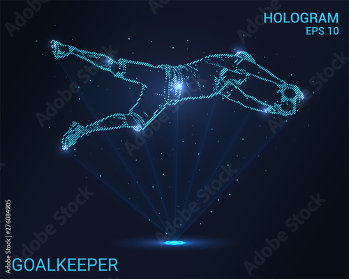 Hologram goalkeeper. Football goalkeeper catches the ball. Flickering energy flux of particles. Scientific sports design.