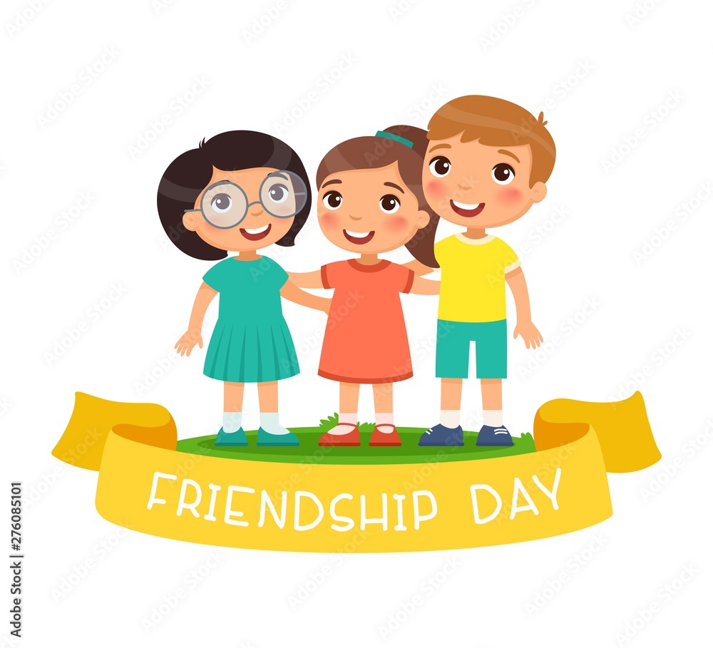 Happy Friendship Day. Three children hugging. Funny cartoon ...