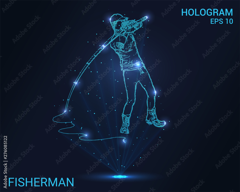 Hologram fisherman. Fisherman throws a fishing rod. Flickering energy flux of particles. Scientific fishing design.