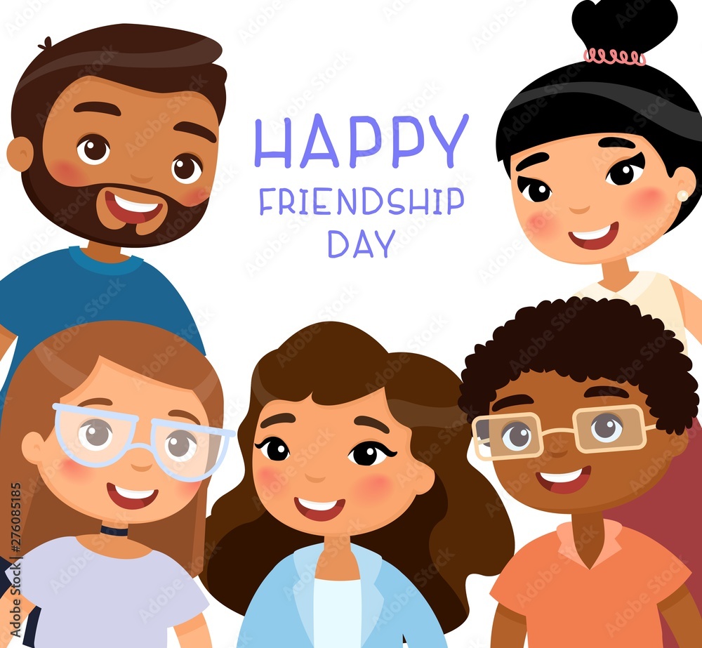 Happy Friendship Day. Five international young girls and young boys friends.  Funny cartoon character. Vector illustration. Isolated on white background  Stock Vector | Adobe Stock