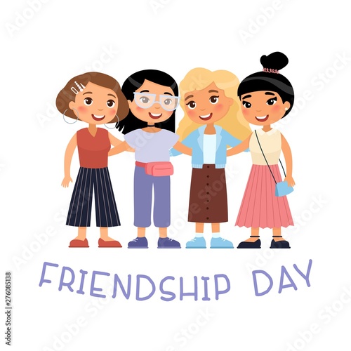 Friendship Day.  Four young international women friends hugging. Funny cartoon character. Vector illustration. Isolated on white background.
