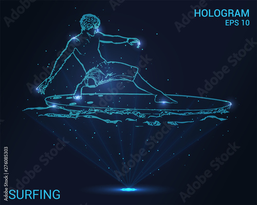 Hologram surfing. A surfer on a Board made of particles. Flickering energy flux of particles. Water recreation.