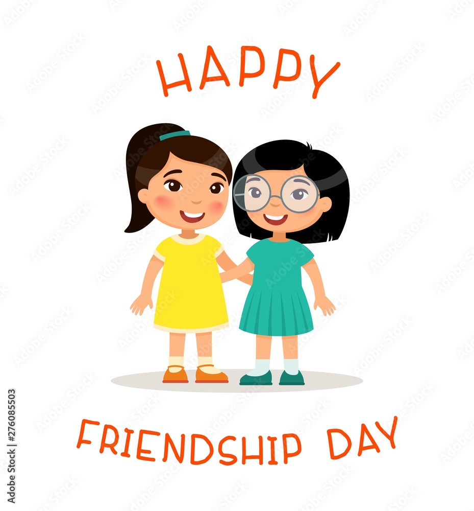 Happy Friendship Day. Two cute little asian girls hugging. Funny ...