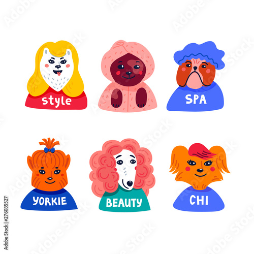 Dog beauty salon. Funny puppies character in the spa. Grooming vector cartoon...
