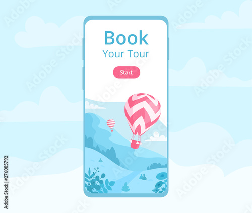 Hot air balloon mobile app template illustration. Landing page for online book mobile application with red hot air balloon, landscape with mountain and cloudy sky for travel adventure booking website