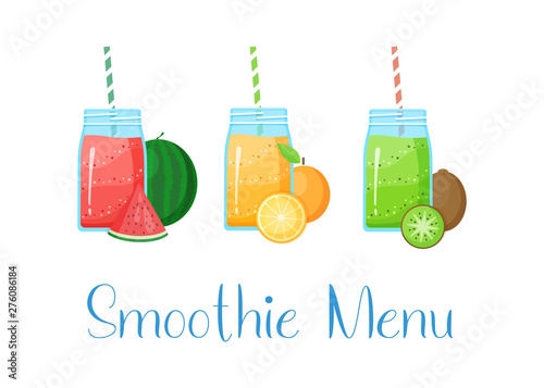 Set of smoothie banner vitamin drink vector illustration. Fresh vegetarian smoothies drink with colorful layers in glass, fruits isolated on white background and sign Smoothie Menu for fitness concept