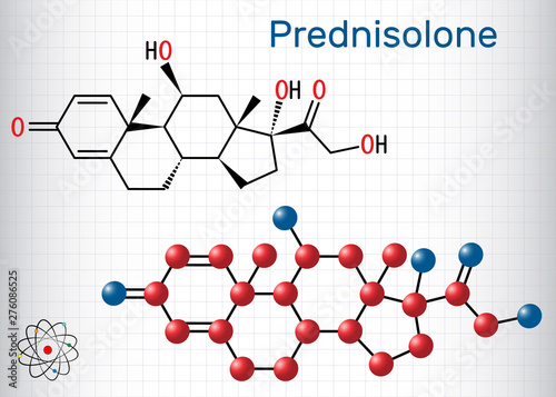 Prednisolone molecule. Is known as a corticosteroid or steroid medication. Structural chemical formula and molecule model. Sheet of paper in a cage