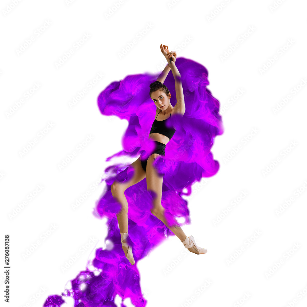 Creative collage formed by color dissolving in water on white background. Bright combination of colors. Young dancer in clouds of smoke or dissolves. Graceful, flexibility and elegance.