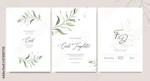 Set of card template with herbs, leaves.  Floral poster, invite. Vector decorative greeting card or invitation design background with watercolor