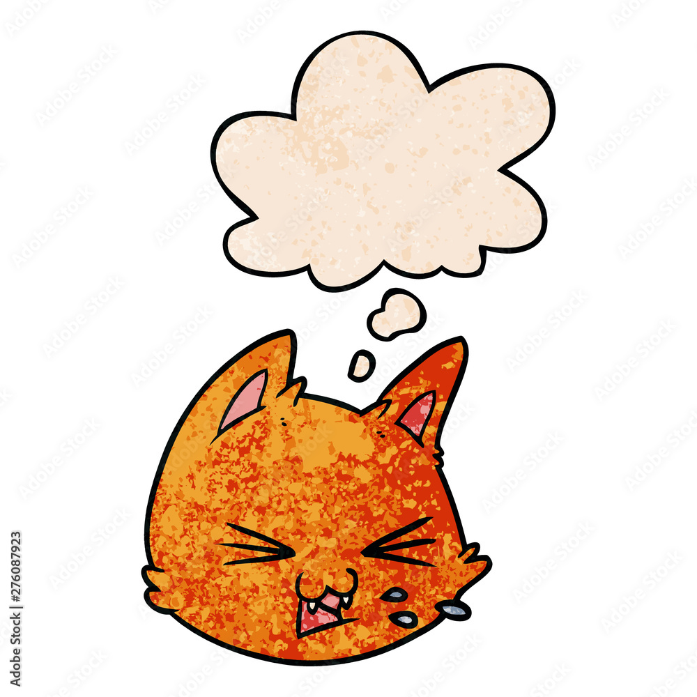 spitting cartoon cat face and thought bubble in grunge texture pattern style spitting cartoon cat face and thought bubble in grunge texture pattern style