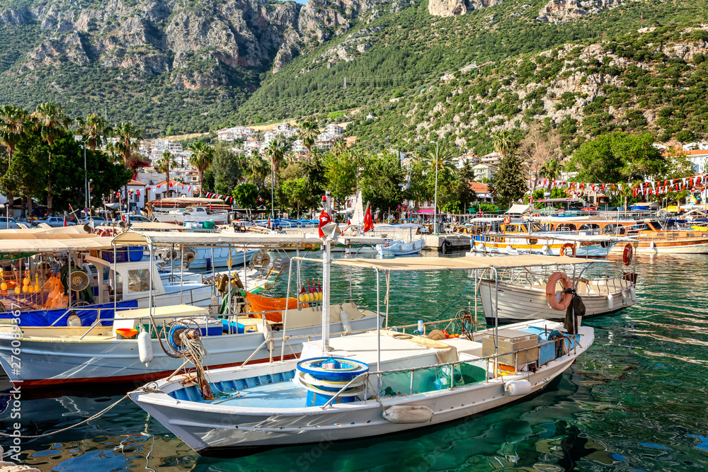 Marina with fishing boats and yachts in a sunny resort town.