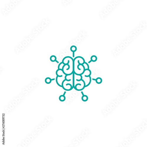 Blue line brain with hub system icon. Intellect, phsychology, knowledge simple pictogram isolated on white.