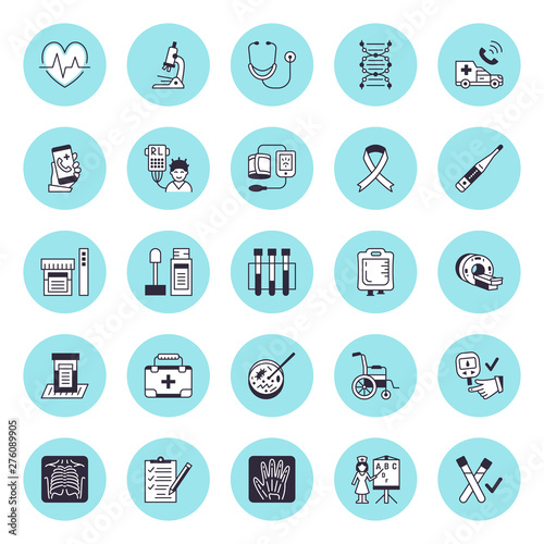 Medical equipment vector flat line icons. Health diagnostic - stethoscope, thermometer, microscope, diabetes test, mri scan, microbiology, prescription. Hospital research thin linear signs