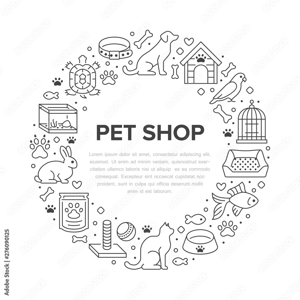 Pet shop vector circle banner with flat line icons. Dog house, cat food, bird cage, rabbit, fish aquarium, animal paw, collar illustrations. Thin signs veterinary poster isolated on white background