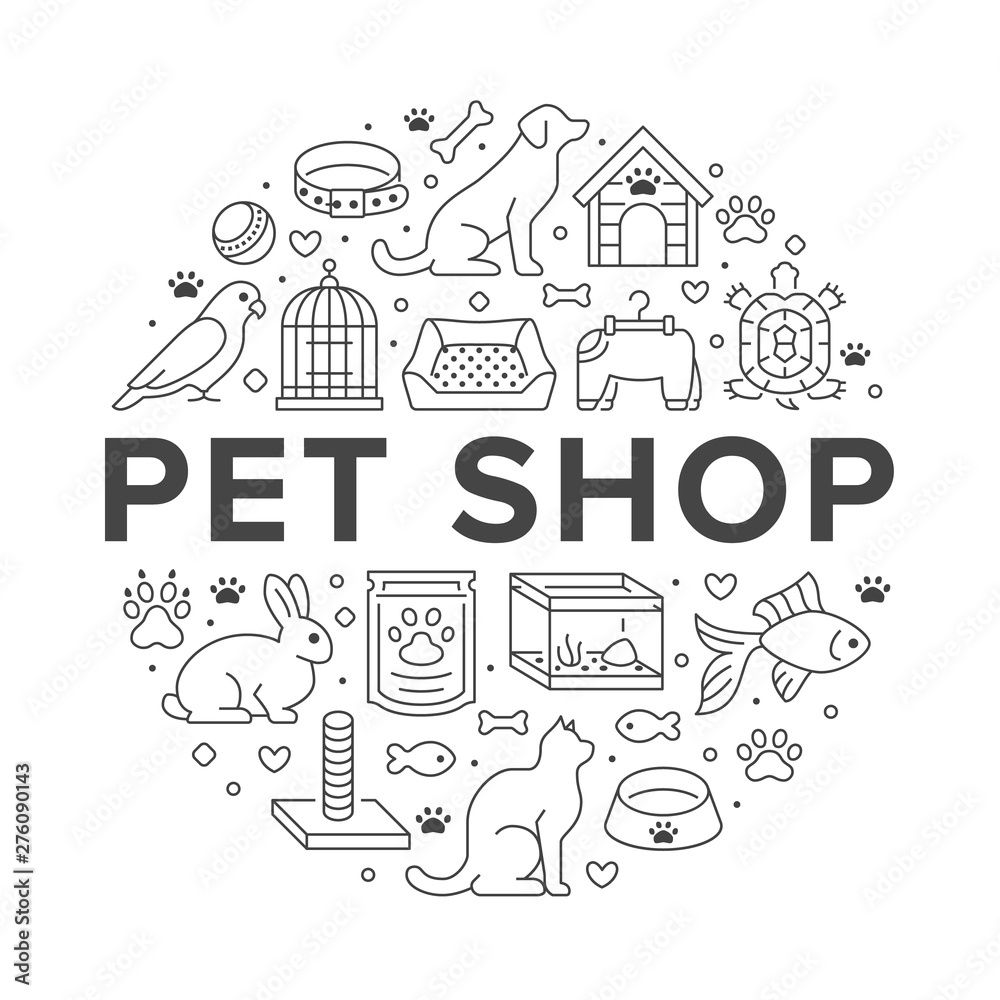 Pet shop vector circle banner with flat line icons. Dog house, cat food, bird cage, rabbit, fish aquarium, animal paw, collar illustrations. Thin signs veterinary poster isolated on white background