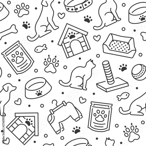 Pet shop vector seamless pattern with flat line icons of dog house, cat food, food bowl, puppy toys, animal paw. Black white color background, wallpaper for veterinary clinic
