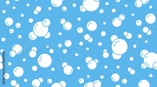 Bubbles vector seamless pattern with flat line icons. Blue white color soap texture. Fizzy water background, abstract effervescent effect wallpaper