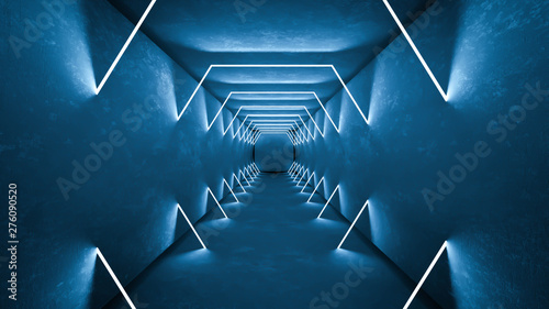 Night club interior lights 3d render for laser show. Glowing lines. Abstract fluorescent background. Neon room corridor background. Light abstract futuristic design. Modern geometric glow interior