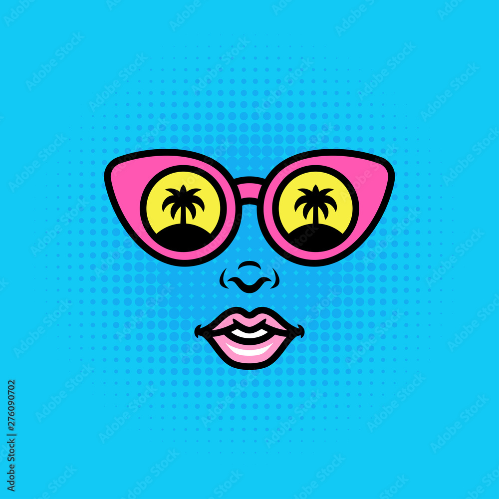 Positive pop art style girl or woman face in sunglasses Positive pop art style girl or woman face in sunglasses