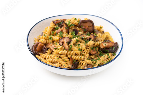 pasta fusilli with Mushroom in Herb sauce on isolated white background