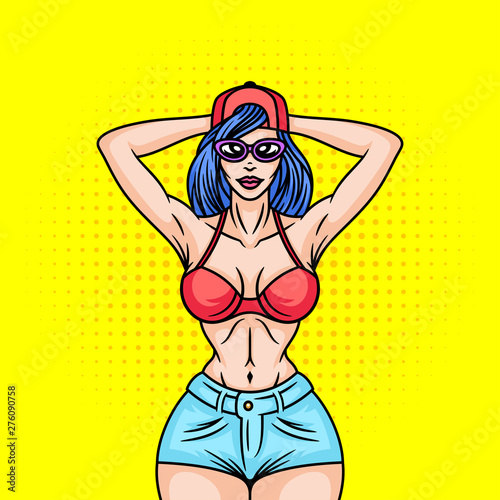 Positive pop art style girl or woman 90s fashion stay in cap. Y
