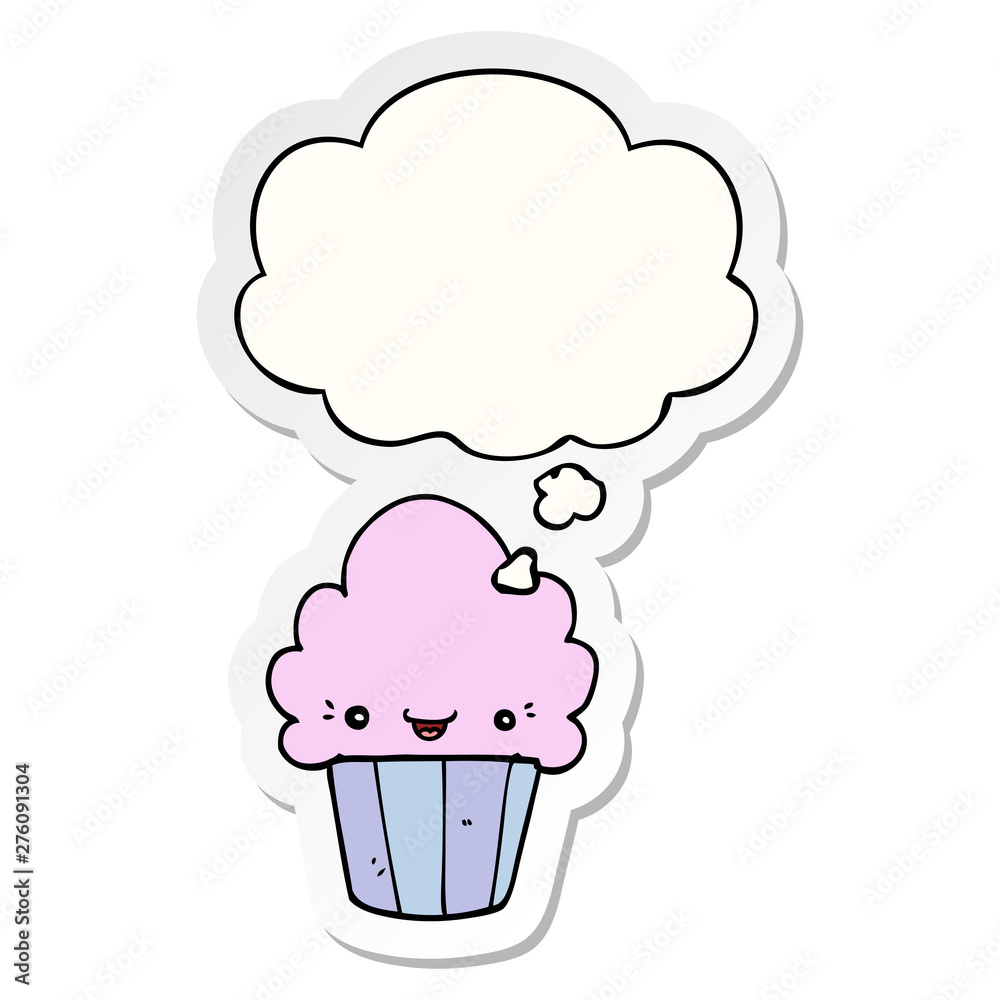 cartoon cupcake with face and thought bubble as a printed sticker cartoon cupcake with face and thought bubble as a printed sticker