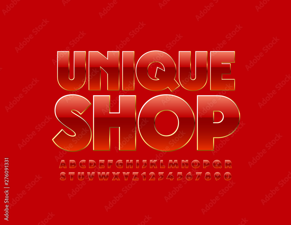 Vector premium logo Unique Shop. Red and Golden elite Font. Luxury Uppercase Alphabet Letters and Numbers Vector premium logo Unique Shop. Red and Golden elite Font. Luxury Uppercase Alphabet Letters and Numbers