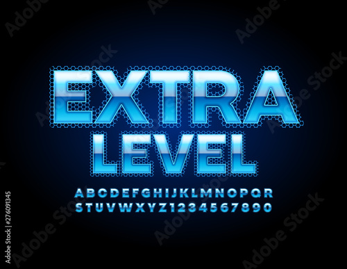 Vector stylish Sign Extra Level. Unique bright Font. Blue glowing Alphabet Letters and Numbers