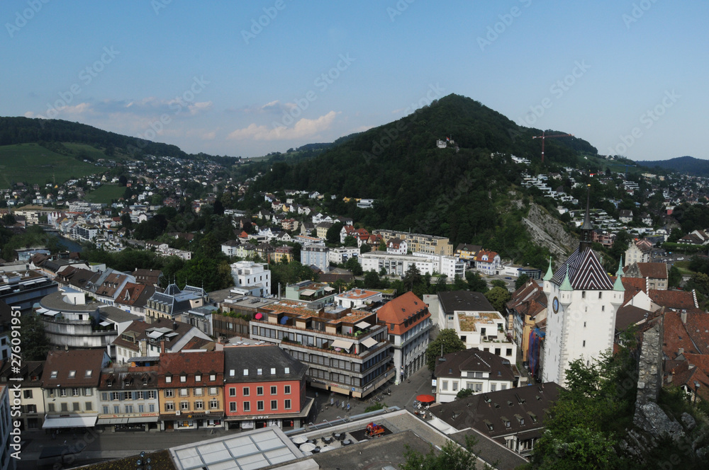 Switzerland: The view to the old town of Baden City in canton Aargau from the chateau above