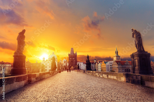 Photography Charles Bridge Karluv Most and Old Town Tower at amazing sunrise with sky and clouds in Prague, Czech Republic