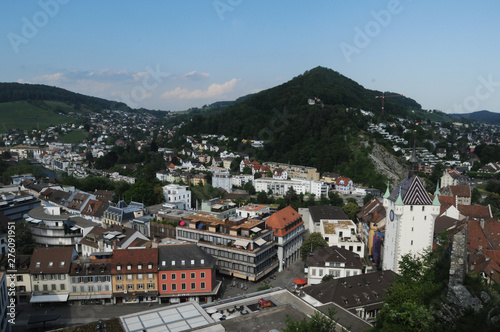 Switzerland: The view to the old town of Baden City in canton Aargau from the chateau above