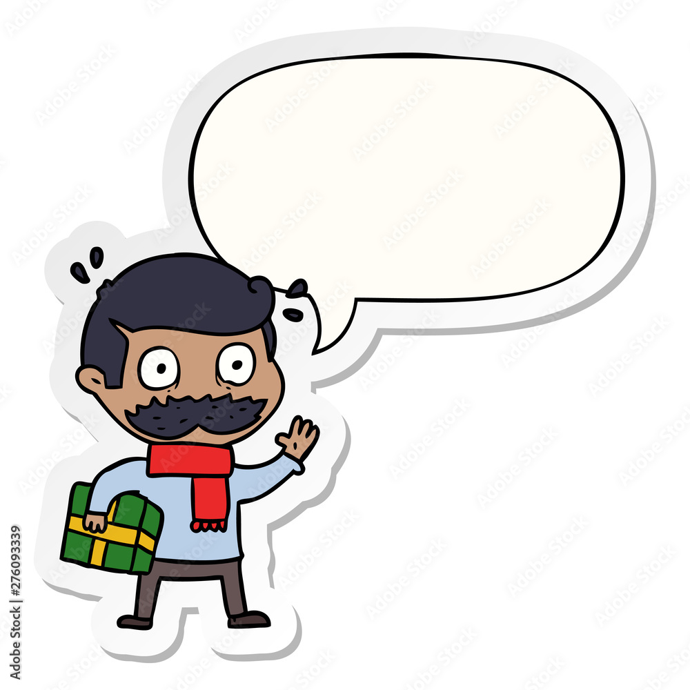 cartoon man and mustache and christmas present and speech bubble sticker cartoon man and mustache and christmas present and speech bubble sticker