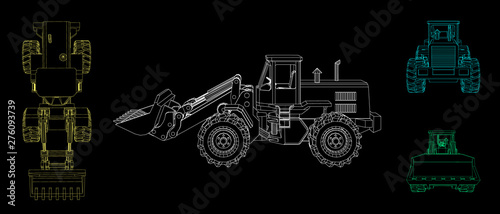 Bulldozer. Vector outline illustration. Different viewes.