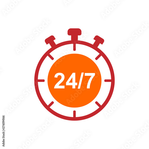 Service and support for customers around the clock and 24 hours a day and 7 days a week icon or symbol isolated on white background. Vector