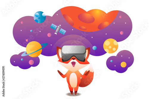Fox wearing virtual reality headset and looking to the open space with planets and stars. Vector illustration