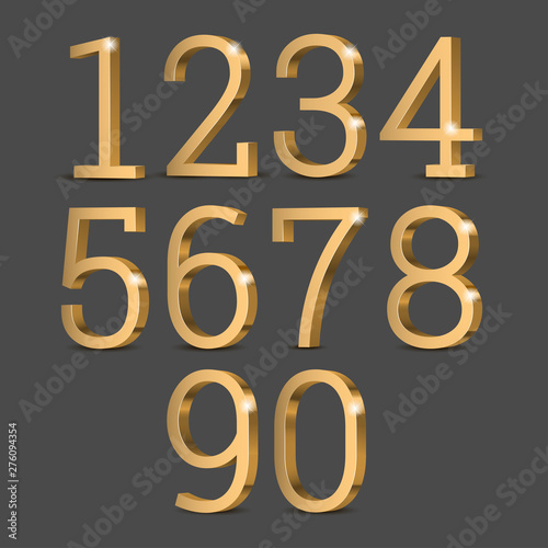 Gold 3d numbers. Symbol set. Vector illustration