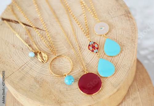 gold chain necklaces with turquoise stones - red stone - gold shell necklace - greek jewelry