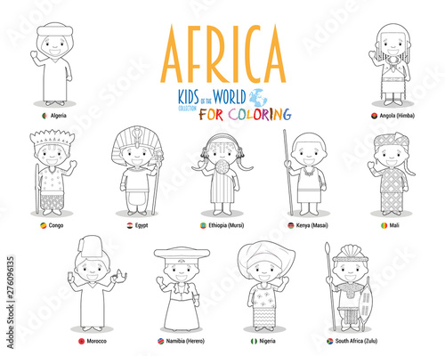 Kids and nationalities of the world vector: Africa. Set of 11 characters for coloring dressed in different national costumes.