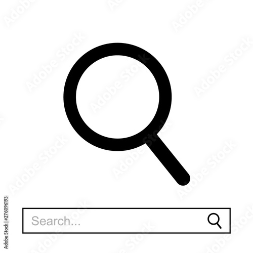 Magnifying glass icon with example of search bar. Vector search icon.
