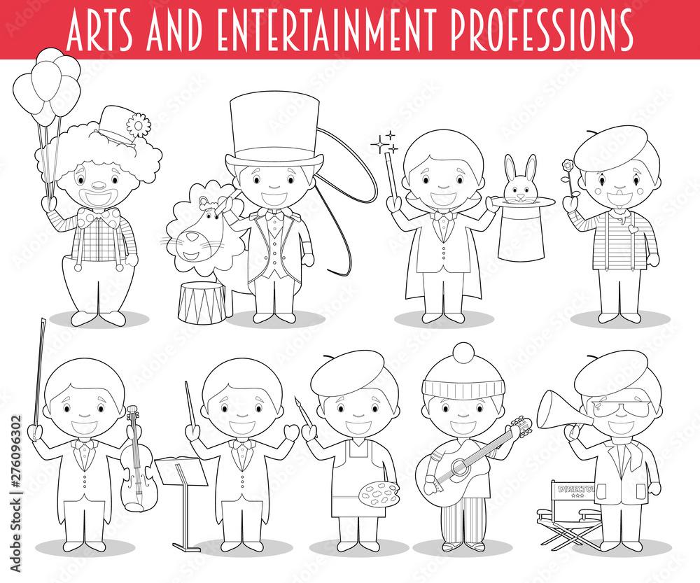 Vector Set of Arts and Entertainment Professions for coloring in cartoon style. Vector Set of Arts and Entertainment Professions for coloring in cartoon style.