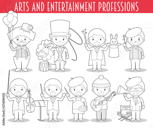 Vector Set of Arts and Entertainment Professions for coloring in cartoon style.