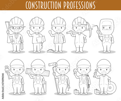 Vector Set of Construction Professions for coloring in cartoon style.