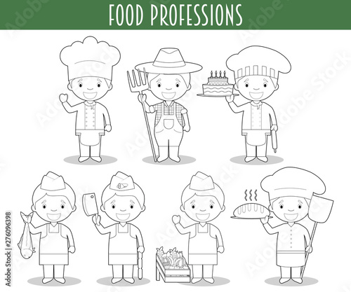 Vector Set of Food Industry Professions for coloring in cartoon style.