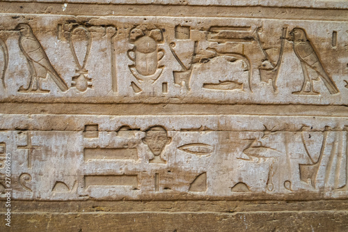 Close up of hieroglyphs with a scarab at the temple in Edfu