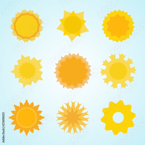 Yellow sun icon collection in flat style. Abstract solar symbol isolated on background. Vector