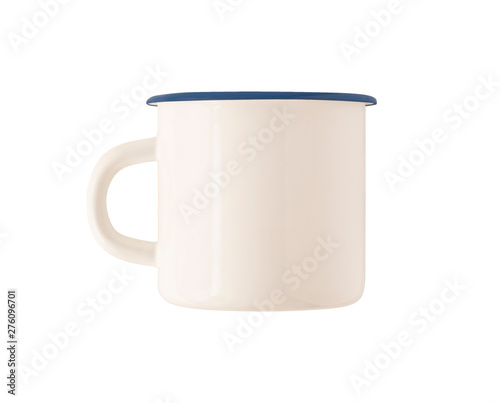 Wall Mural Mockup of camping enamel mug with blue rim isolated on white background